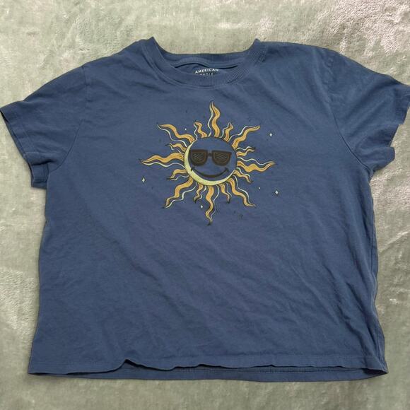 American Eagle Cropped Sun Graphic Tee Blue Women’s Medium - Picture 1 of 7